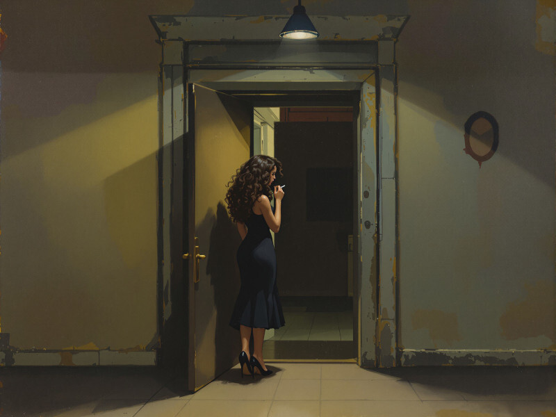 Woman in Dress Paused in Entrance Smoky Hallway Dark American Realism Art Print