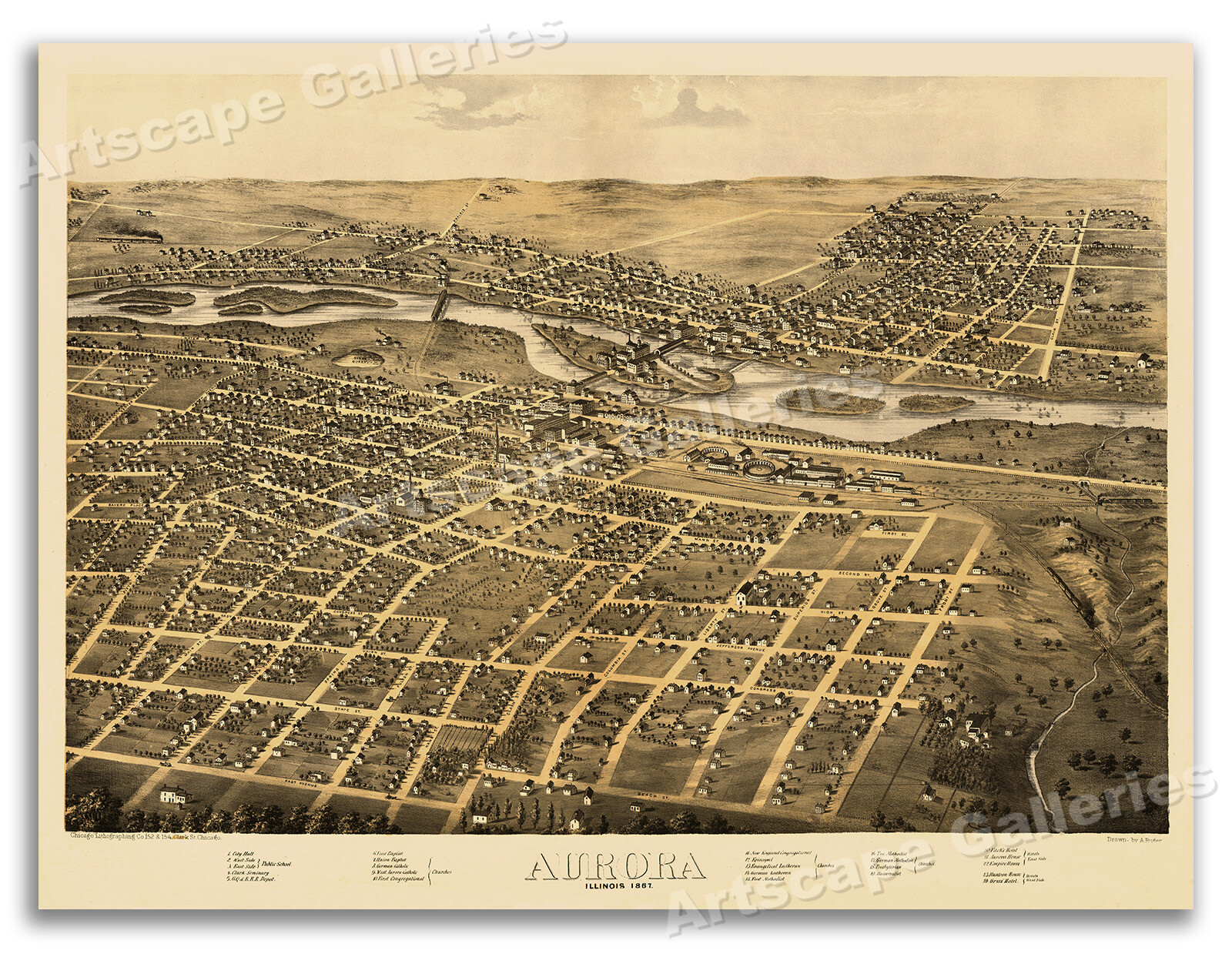 Aurora Illinois 1867 Historic Panoramic Town Map – 18×24