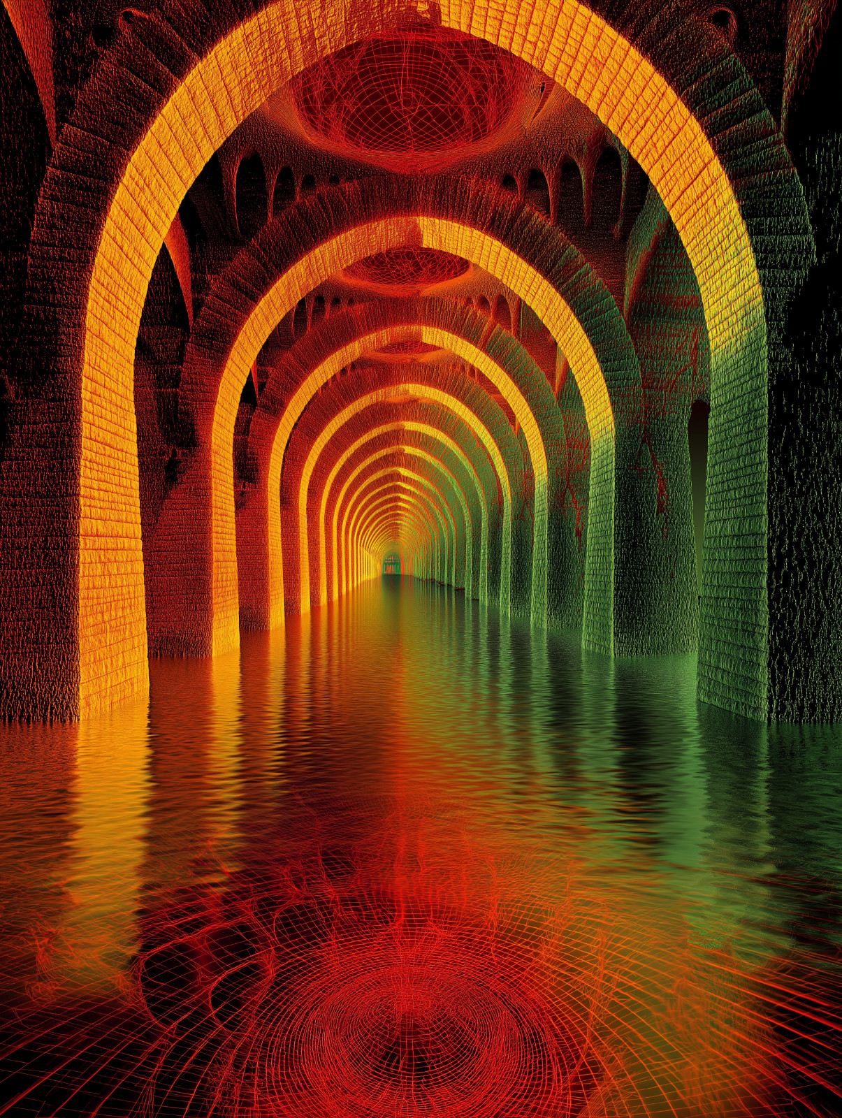 Neon Alien Cathedral Tunnel Reflections Sci-Fi Surreal Architecture Poster 18×24