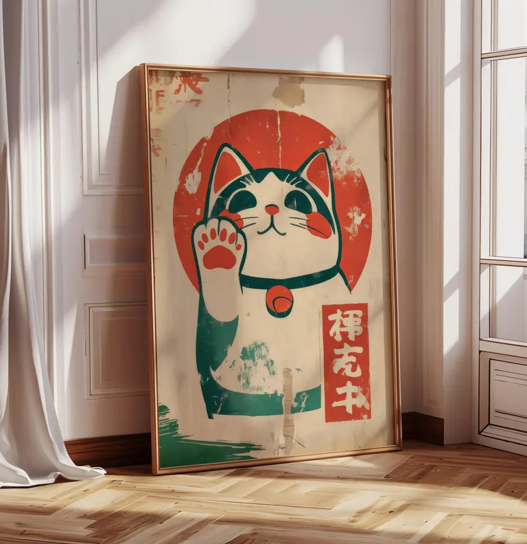 Traditional Maneki Neko Cat Print | Japanese Lucky Cat Poster, Retro Wall Art,