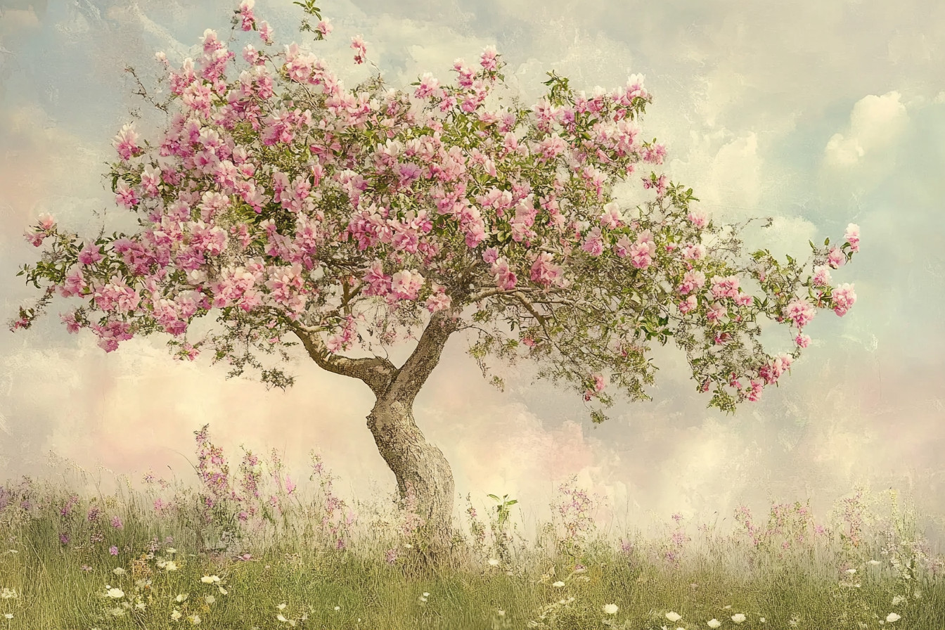 Pink Flowers Tree Meadow Landscape Oil Painting Wall Art Print Canvas Artprint