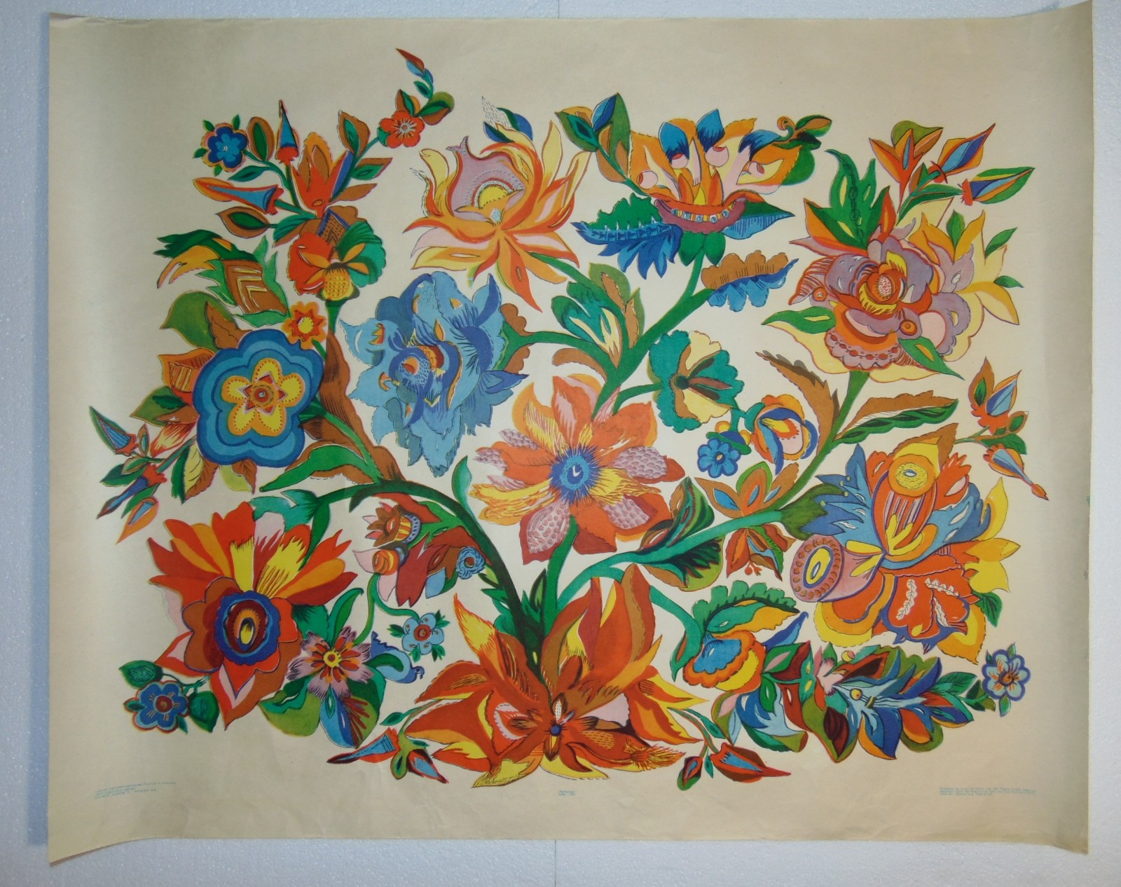 Big Original Soviet Poster Decorative Flower Folk Art Graphic Design Vintage