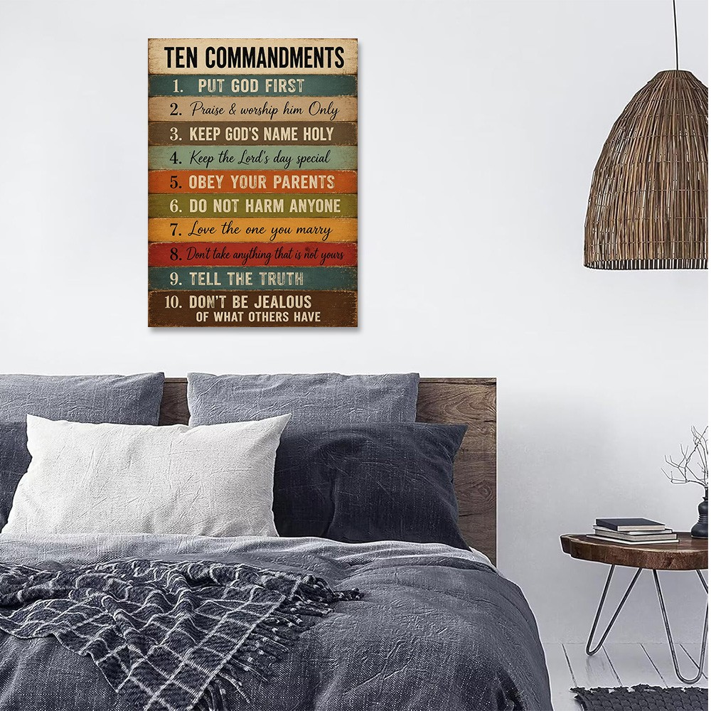 Ten Commandments Wood Plank Canvas Poster Wall Art Home Decor Sign Rules