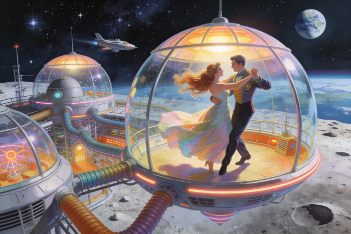 Couple Dancing in Retrofuturistic Moon Base Dome Space Poster Print 24 x 16 in C
