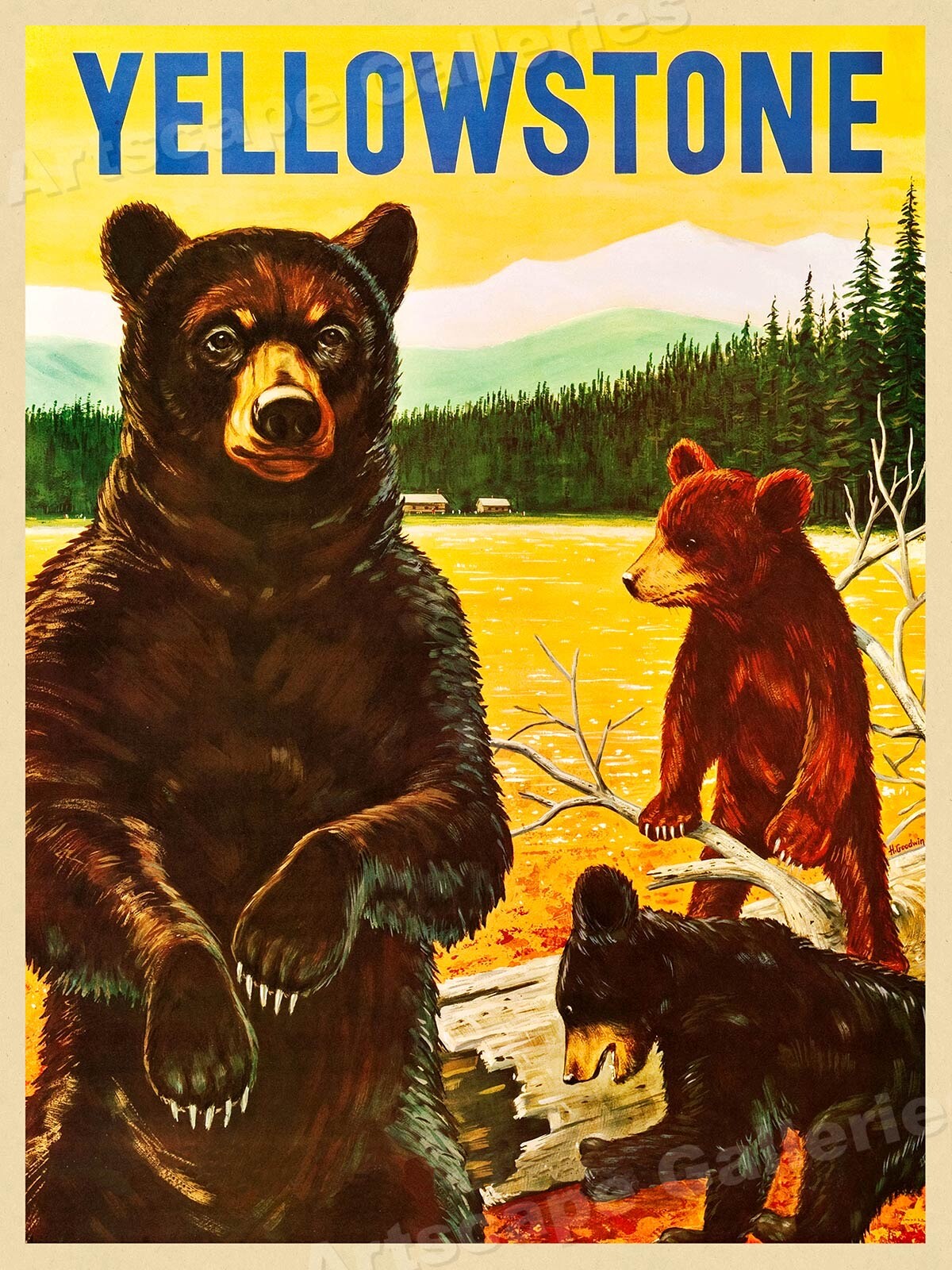 Yellowstone Bears Vintage Style Travel Poster – 24×32