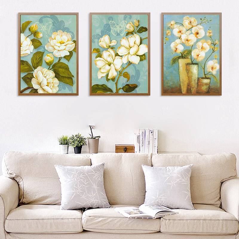 Abstract White Blue Golden Flower Canvas Paintings Posters&Prints Wall Pictures