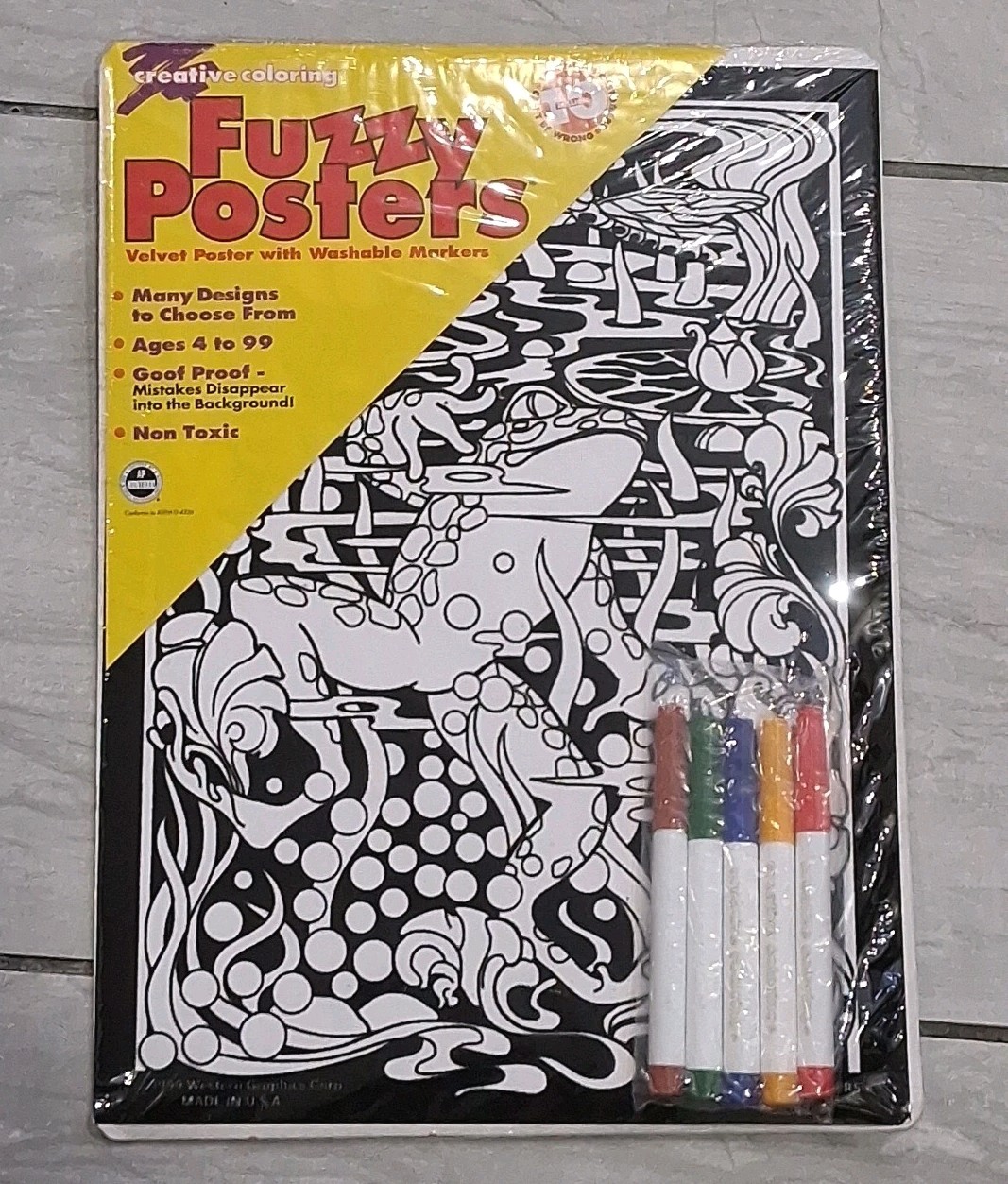 1999 Vtg RoseArt Fuzzy Poster Velvet Coloring Poster Vintage Frog Pond New 11×14