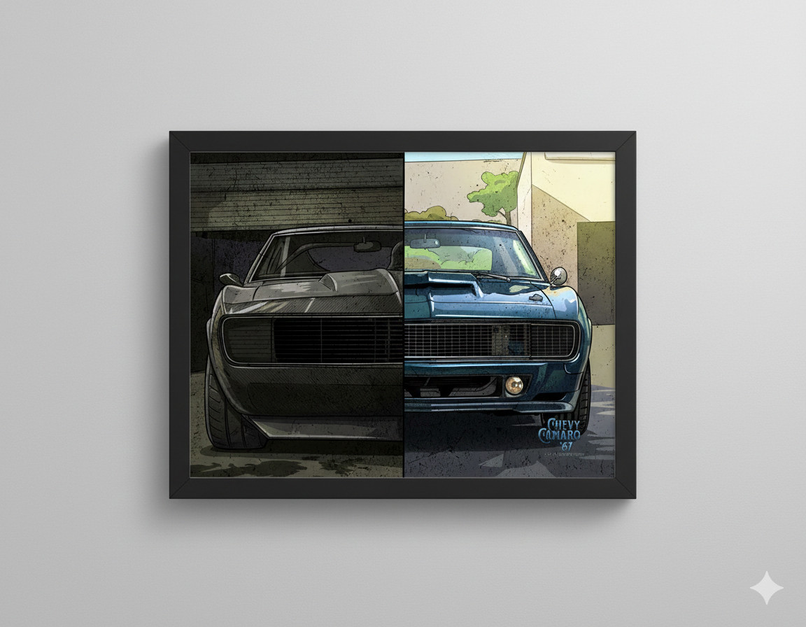 MUSTLE CARS IN BLACK FRAME READY TO HANG CAMARO, PONTIAC GTO AND VW BEETLE