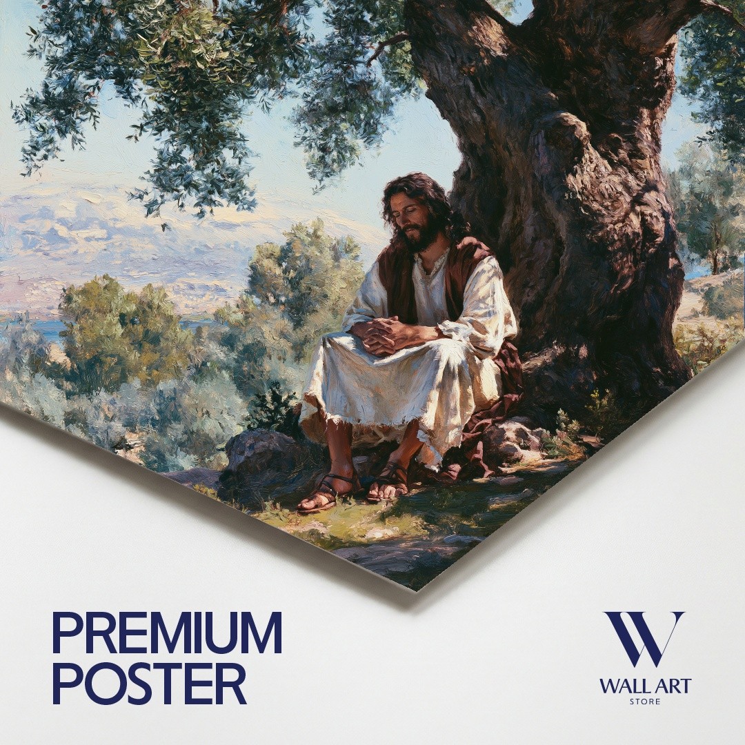Contemplative Figure Under Olive Tree Poster | Serene Wall Art | Living Room