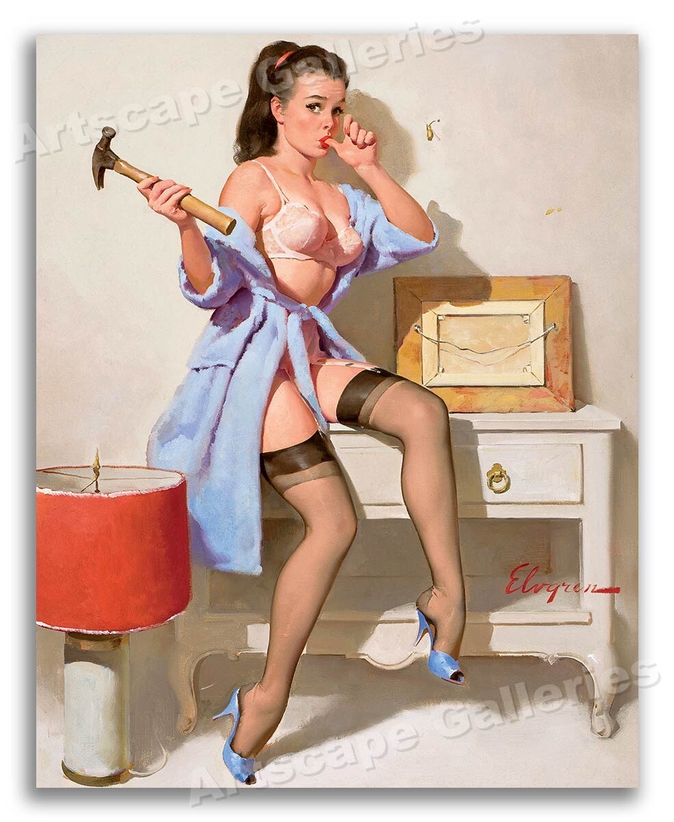 Gil Elvgren 1967 Sexy PinUp Girl “The Wrong Nail” Hammer Print – 8.5×11