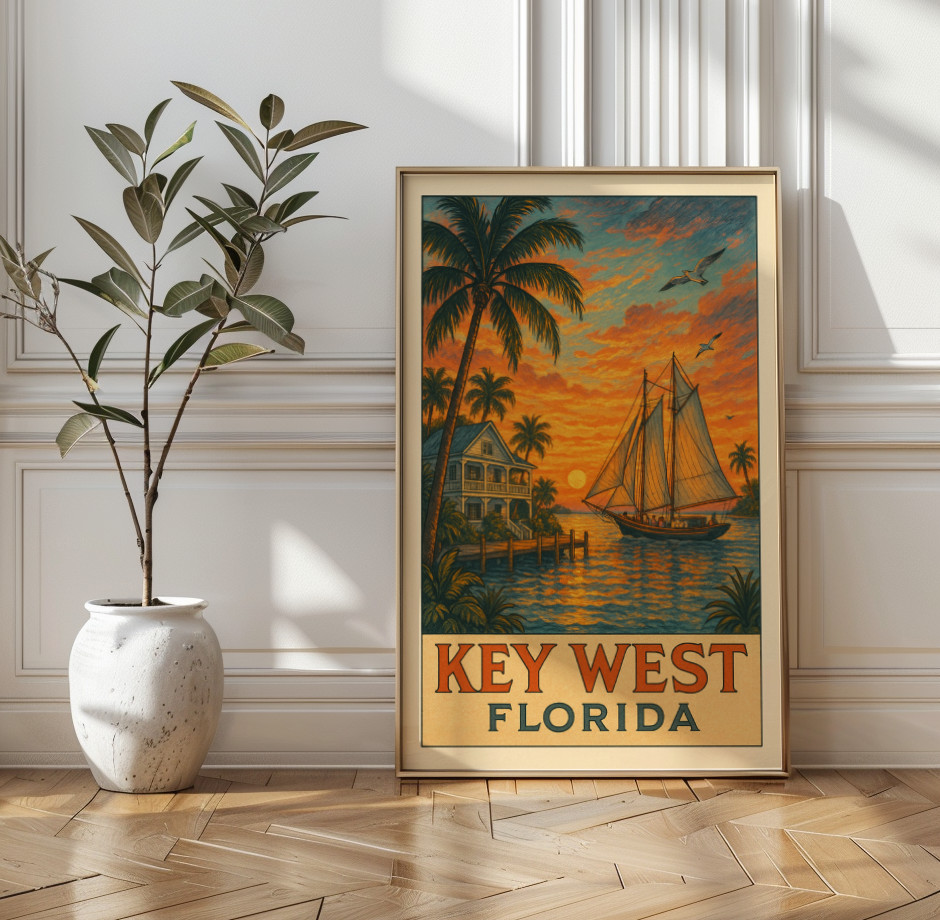 Key West Florida Travel Poster Print | Vintage Coastal Illustration Wall Art