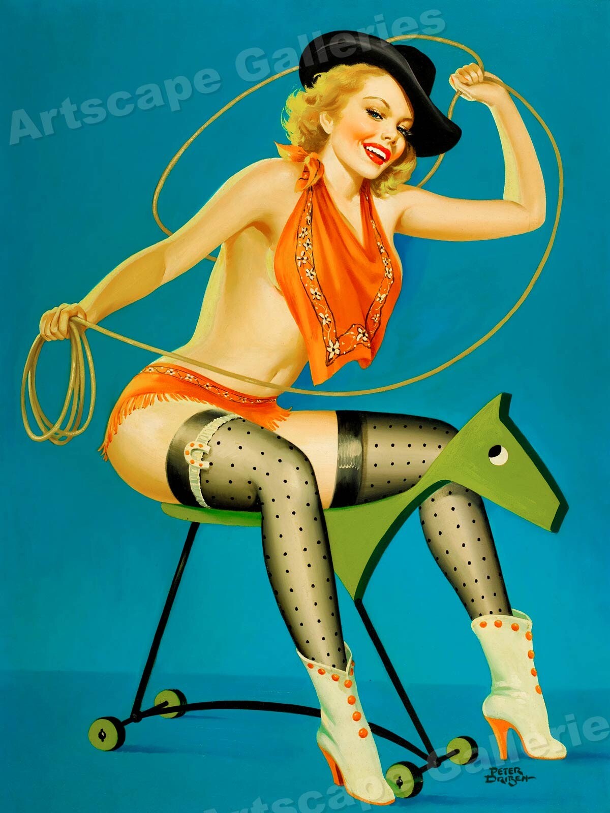 “Ride ‘Em Cowgirl” 1952 Vintage Driben American Girl Pin-Up Roping Poster 18×24