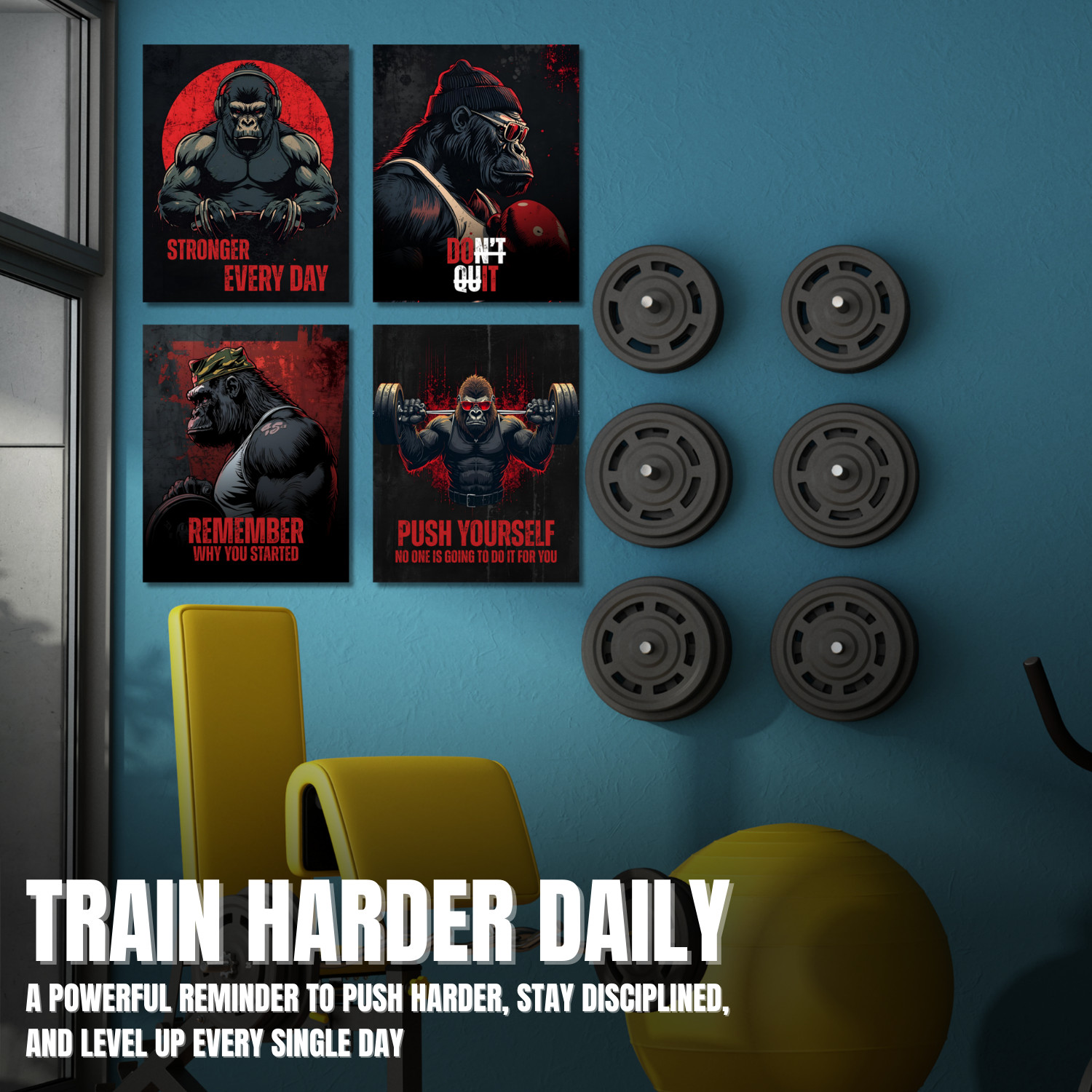 Motivational Gorilla Gym Poster Set Workout Wall Art Print for Home Fitness Room