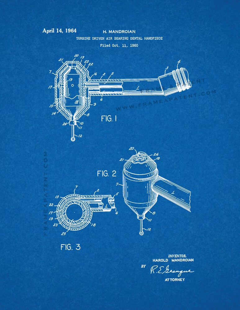 Turbine Driven Air Bearing Dental Handpiece Patent Print Blueprint