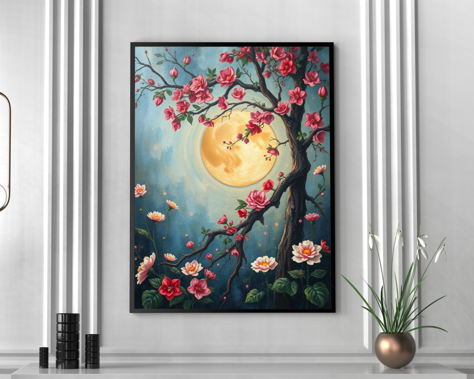 Trees Flowers Moon Wall Art Print Canvas Poster Artprint Home Decor Painting