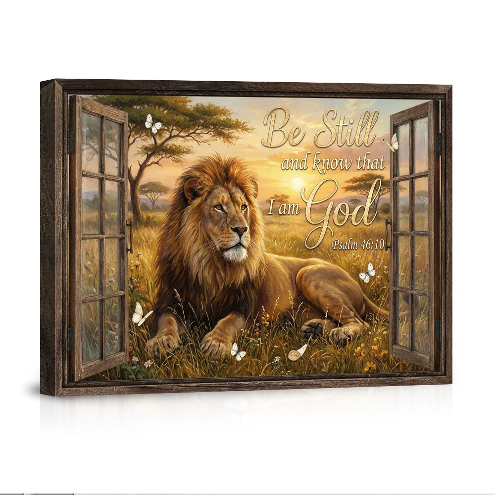 Christian Lion Canvas Poster Wall Art Be Still God Psalm 46 10 Biblical Decor