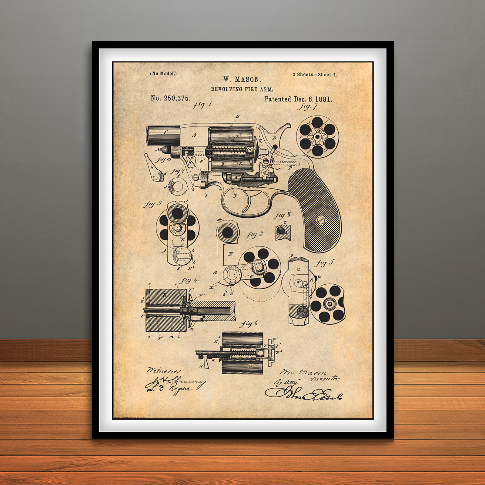 1881 Mason Revolving Fire Arm Pistol Gun Patent Print Art Drawing Poster