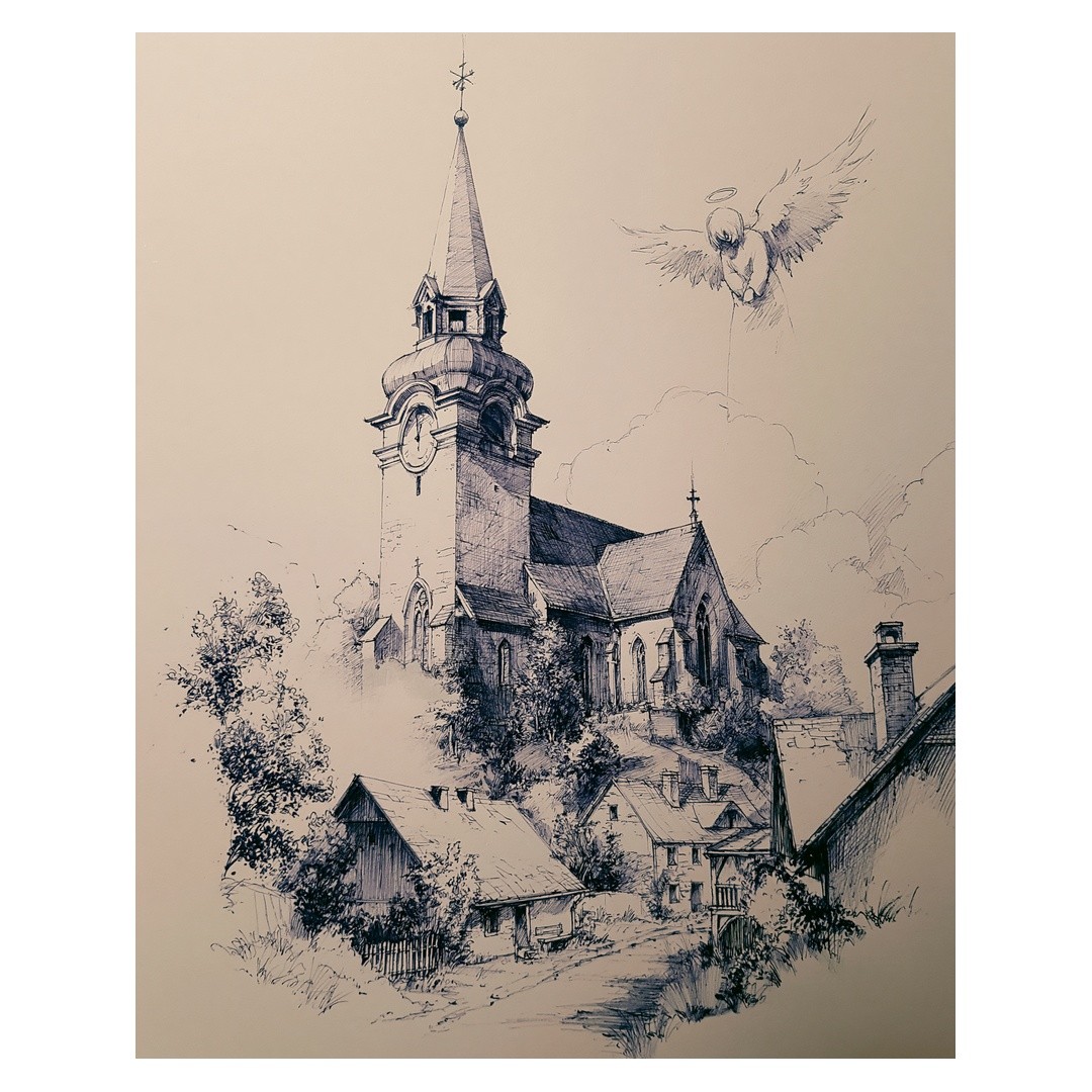 Gothic Church Illustration Poster | Serene Angel Wall Art | Home Decor
