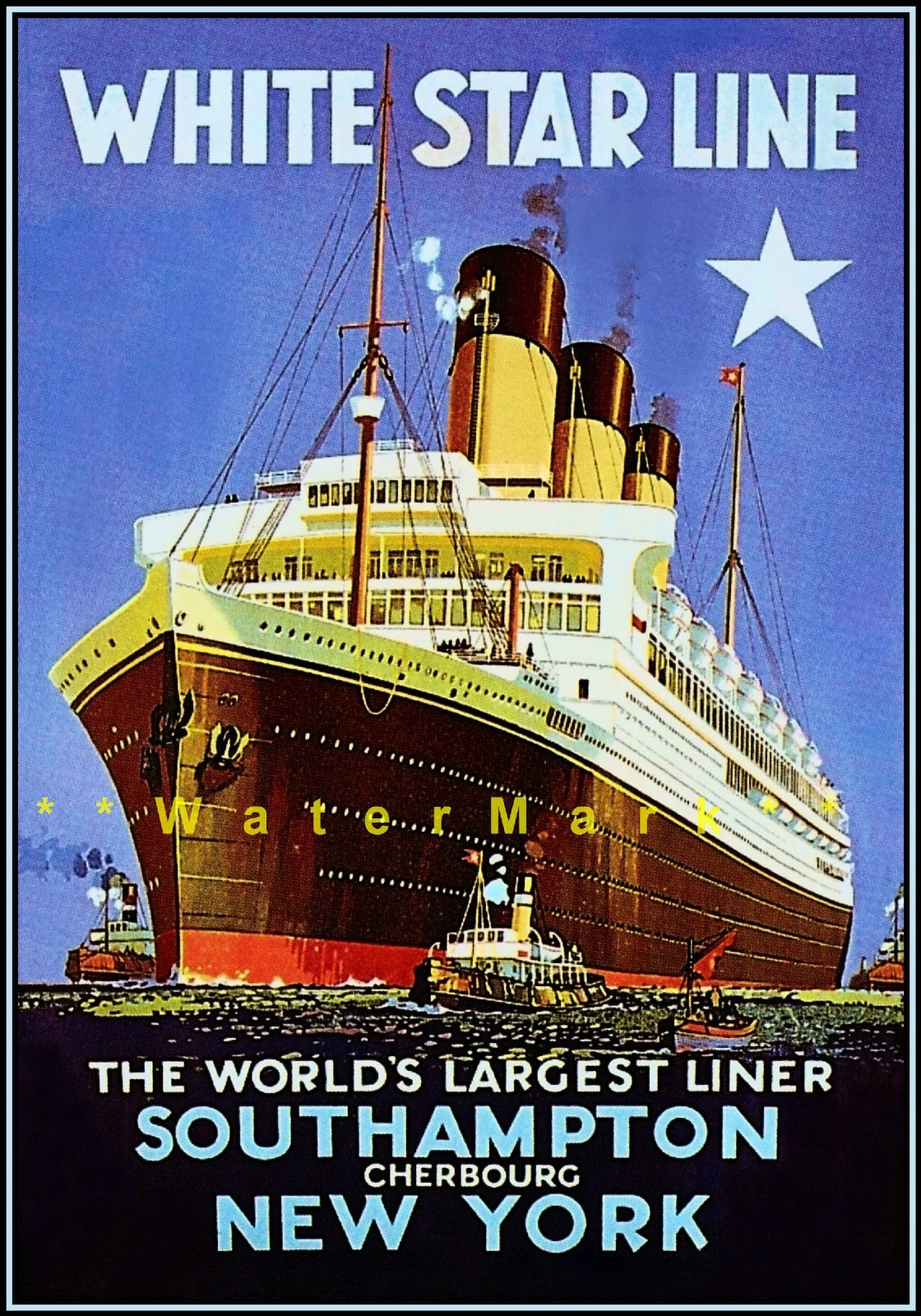 White Star Line 1920 World’s’ Largest Ocean Liner Ship Vintage Poster Print Art