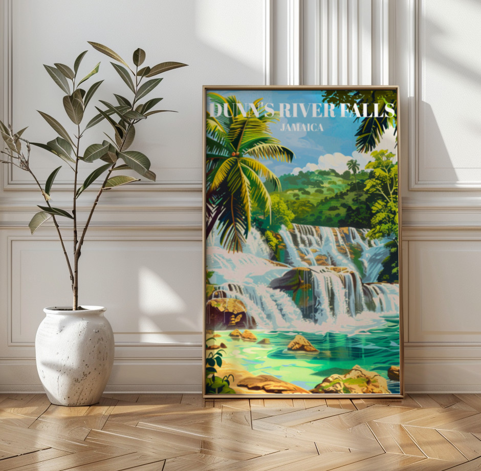 Dunn’s River Falls Jamaica Travel Poster: Caribbean Waterfall Art, Ocho Rios Nat