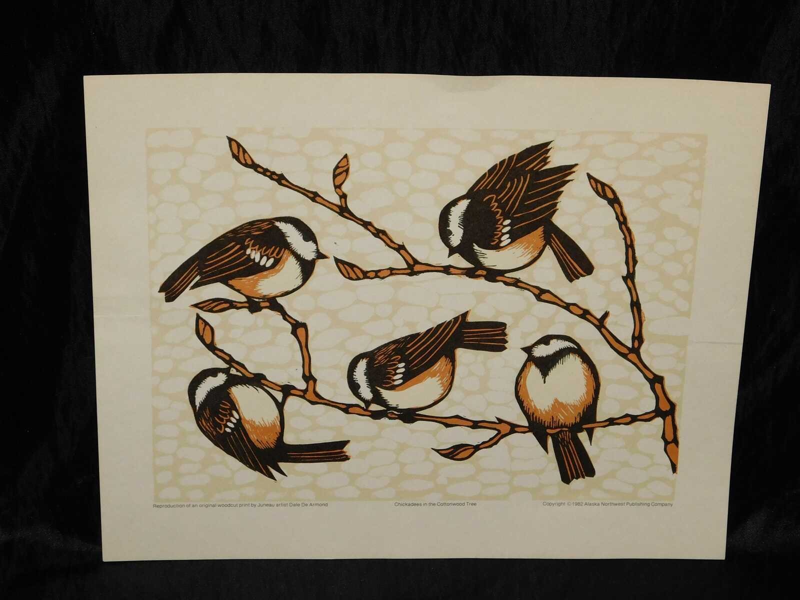 Dale DeArmond Chickadees Cottonwood Tree Art Print Brown Birds 1982