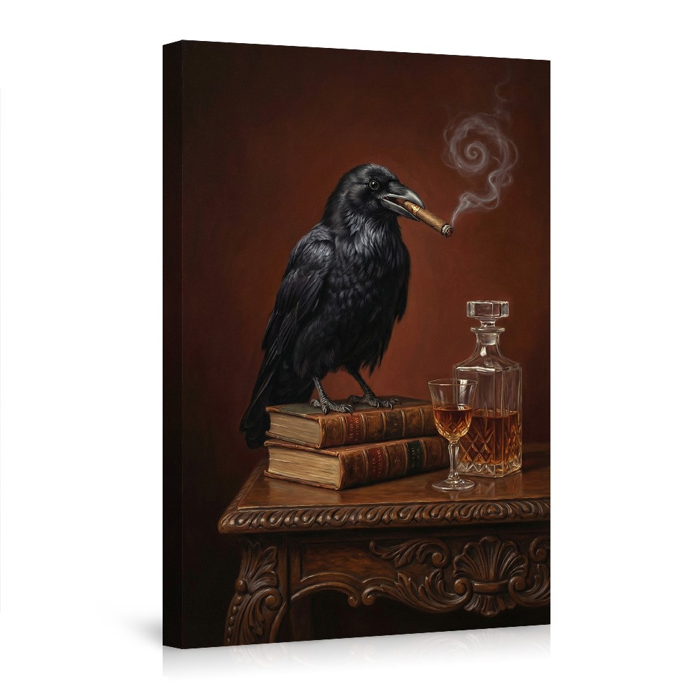 Crow Smoking Cigar on Books with Liquor Poster Wall Art Edgy Decor
