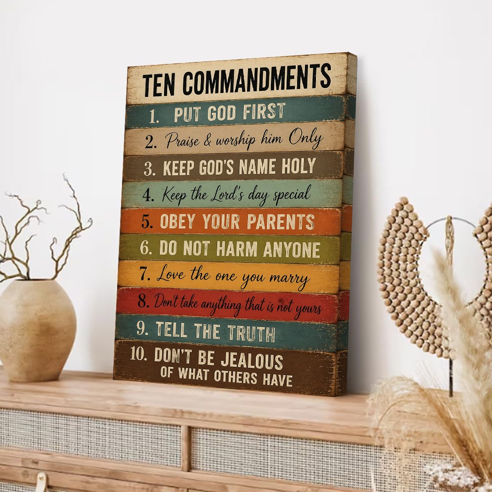 Ten Commandments Wood Plank Canvas Poster Wall Art Home Decor Sign Rules