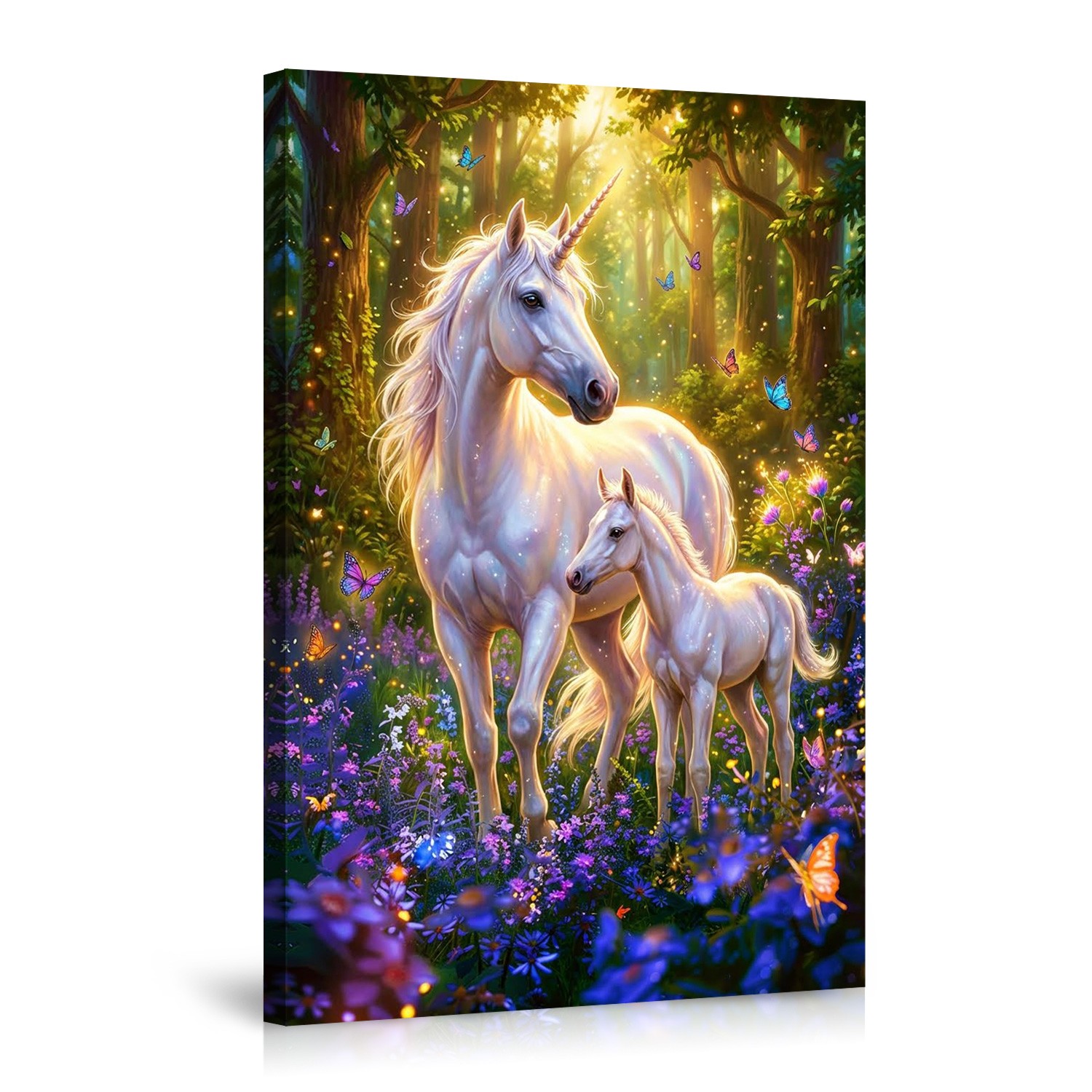 Magical Unicorn Mother and Foal in Enchanted Forest Wall Art Canvas Poster