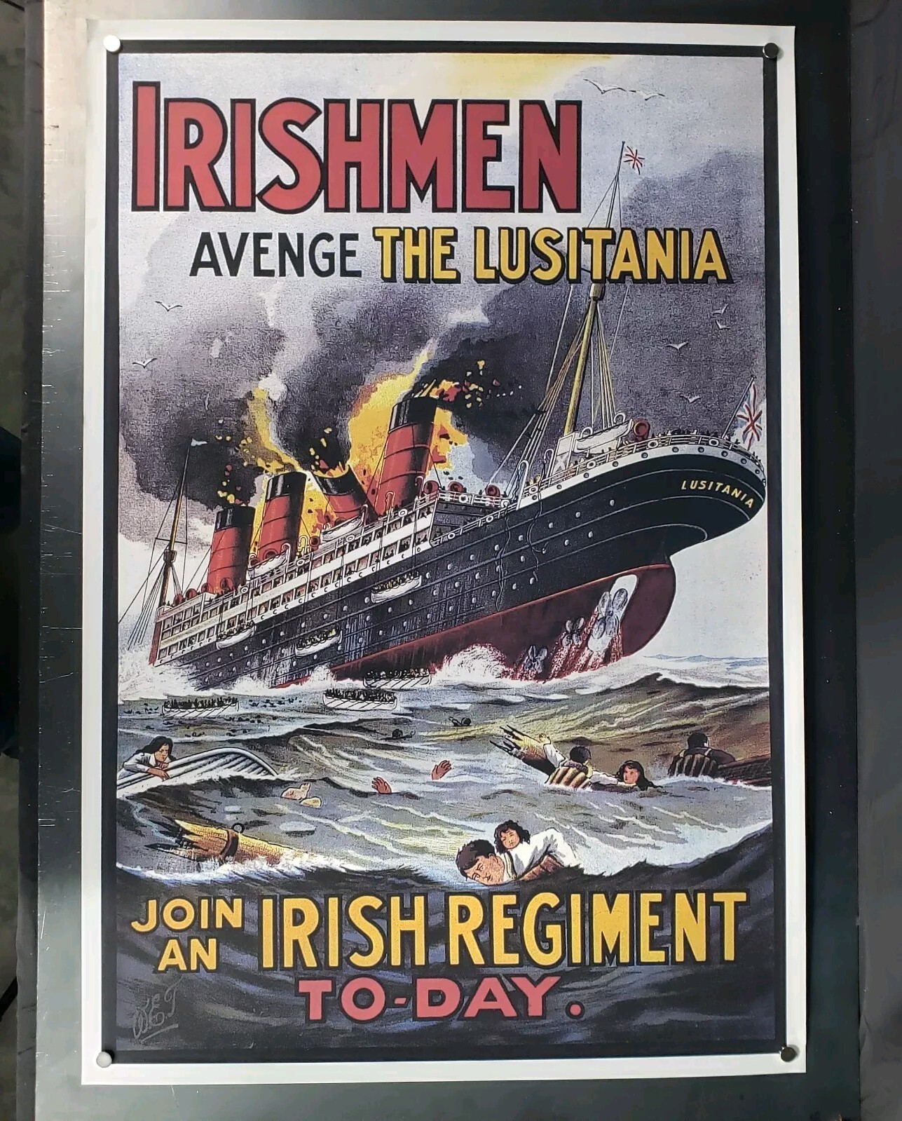 1915 Irishmen! Avenge the Sinking of the Lusitania! World War I Poster – 21×31