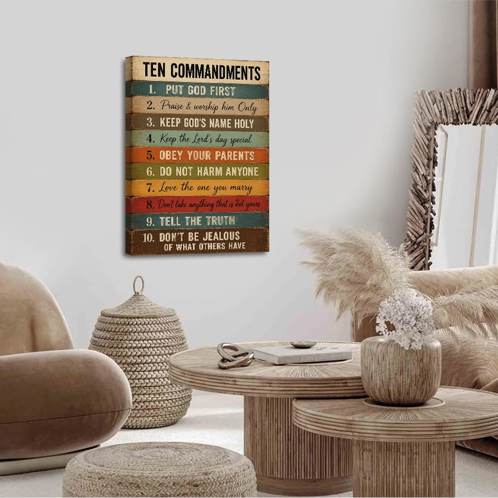 Ten Commandments Wood Plank Canvas Poster Wall Art Home Decor Sign Rules