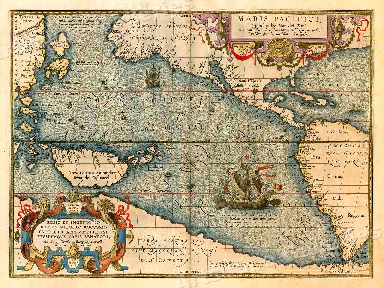 Map of the Pacific Ocean with America 1589 Vintage Style Old World Map – 20×28
