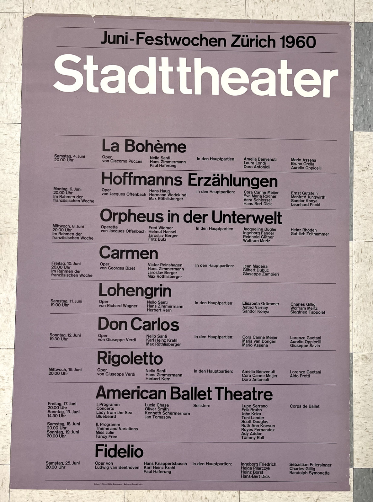 Original 1960 Josef MULLER-BROCKMANN Swiss Style Poster – Stadttheater Zurich