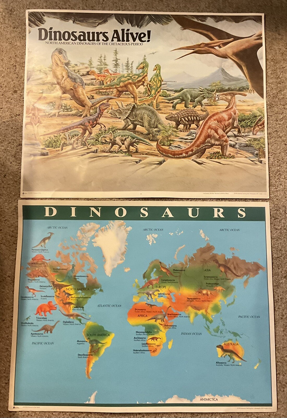 Two DINOSAUR POSTERS 22×28 American Teacher Aids 1993 ALIVE/WORLD MAP Cretaceous