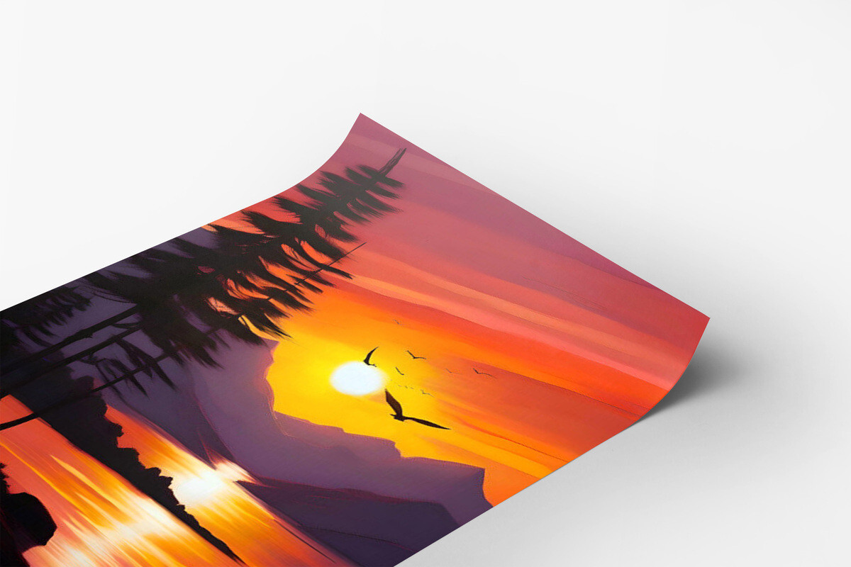 Sunset Lake Mountains Trees Birds Orange Minimalist Painting Poster Art Print
