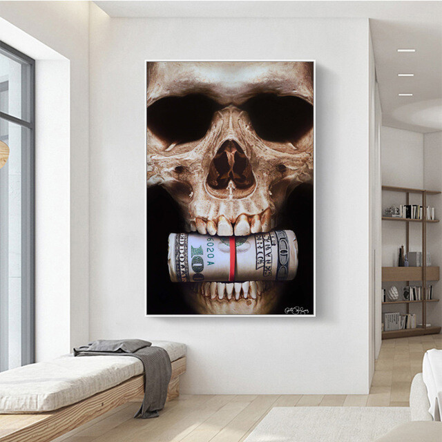 Abstract Black Skull with Bullet Wall Art Canvas Painting Posters and Print Wall