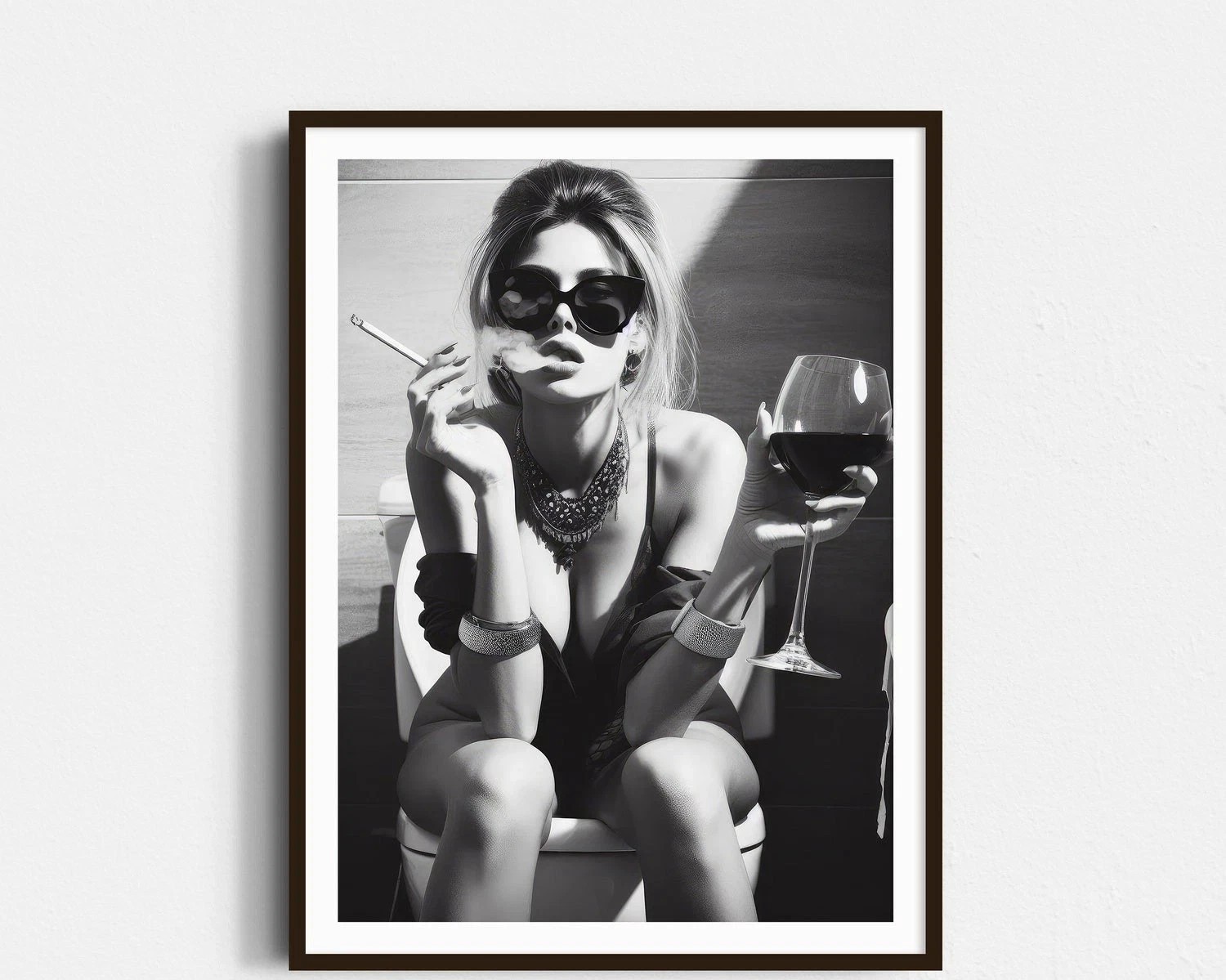 Girl on Toilet Wall Art, Woman Drinking Wine Poster