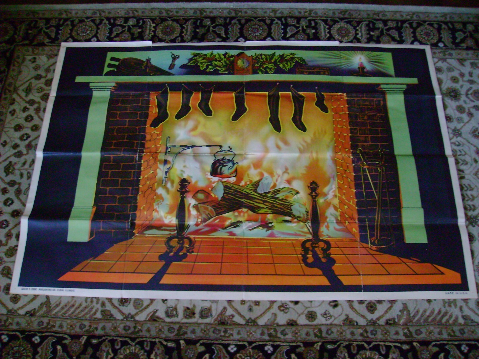 Rare Mid-Century Holiday Fireplace Poster David C. Cook Publishing Co. 42″ x 62″