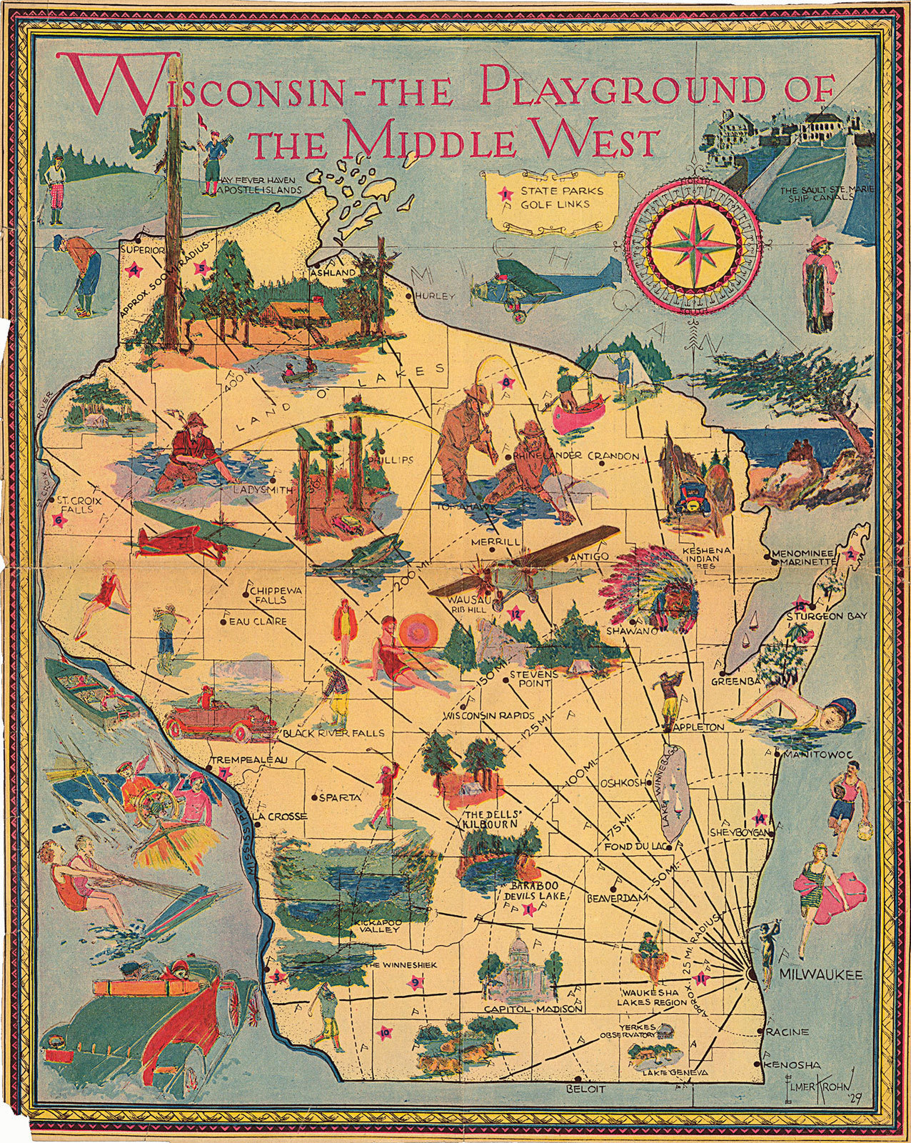 1920 Pictorial Map Wisconsin the Playground of the Middle East Wall Art Poster