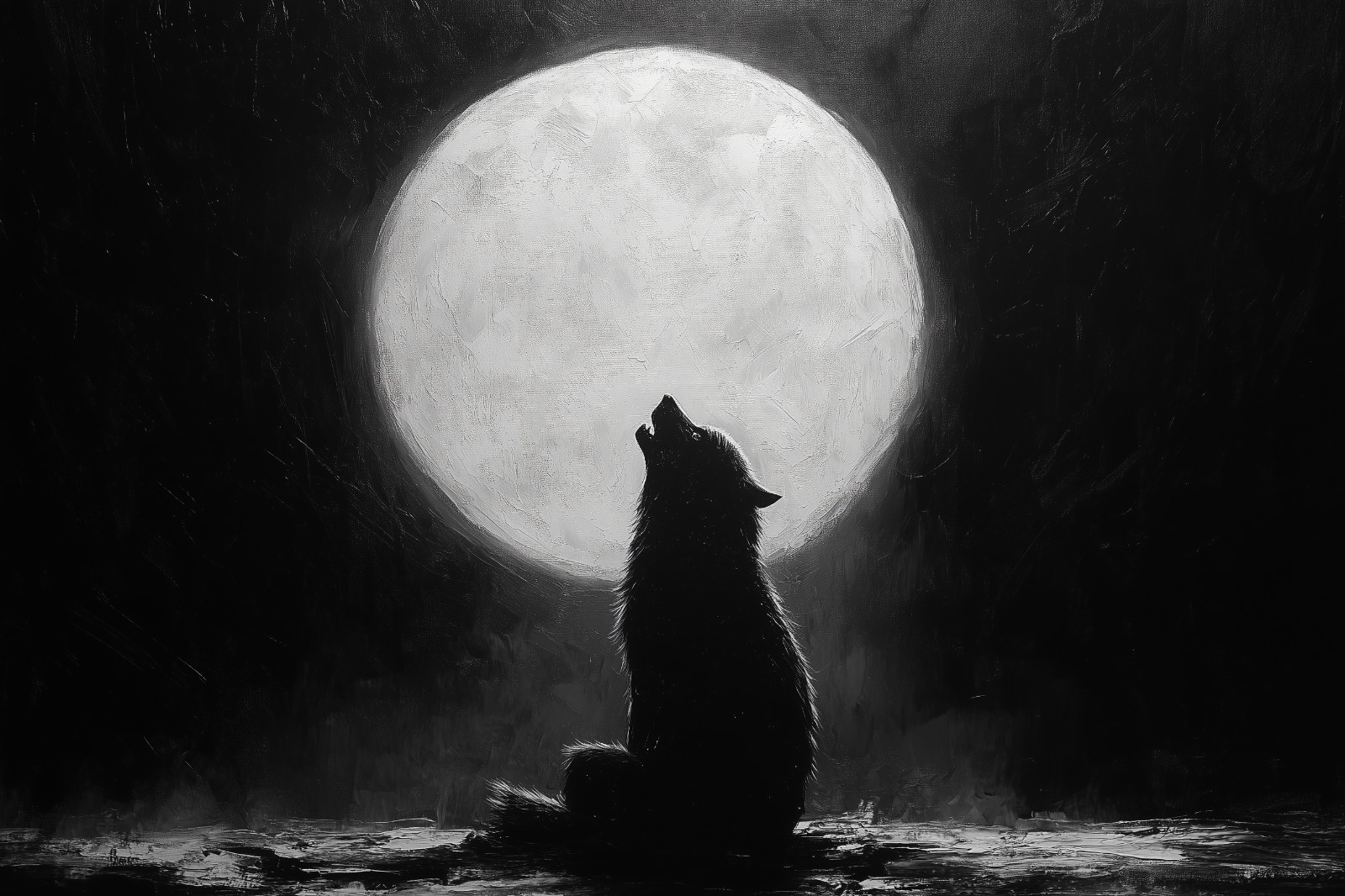 A Howling Wolf Big Moon Oil Painting Wall Art Print Printed On Canvas Artprint