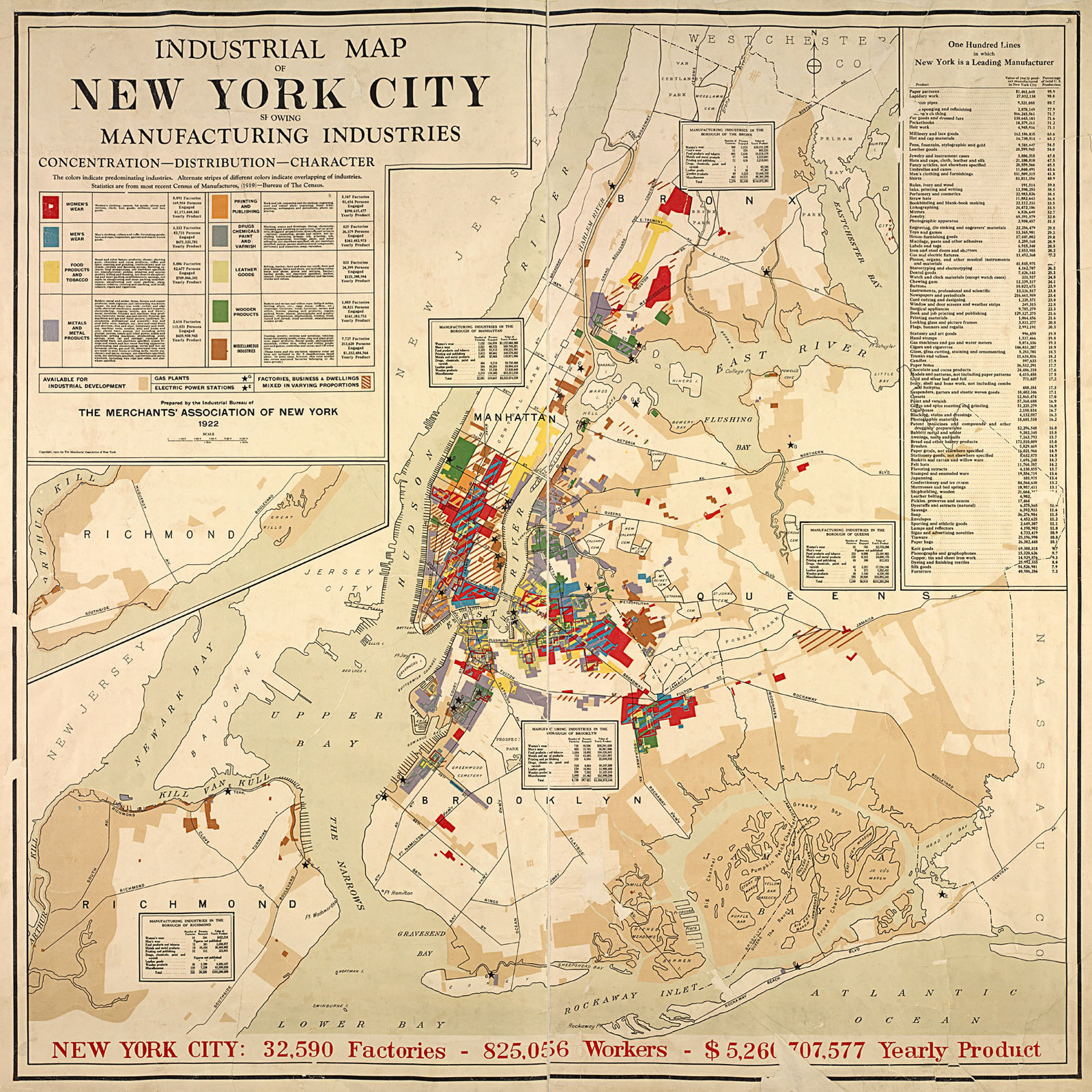 New York City 1922 Industrial Map Home School Office Wall Art Poster Print Decor