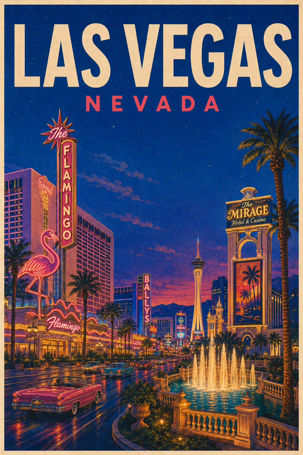 Las Vegas Nevada 11×17 Travel Poster Flamingo Mirage Casino Scenic Wall Art