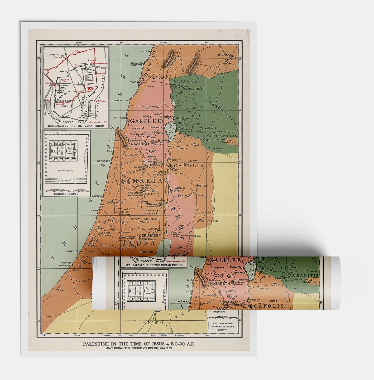 1912 Palestine in the time of Jesus, 4 B.C.-30 A.D. Map Israel Holy Land Poster