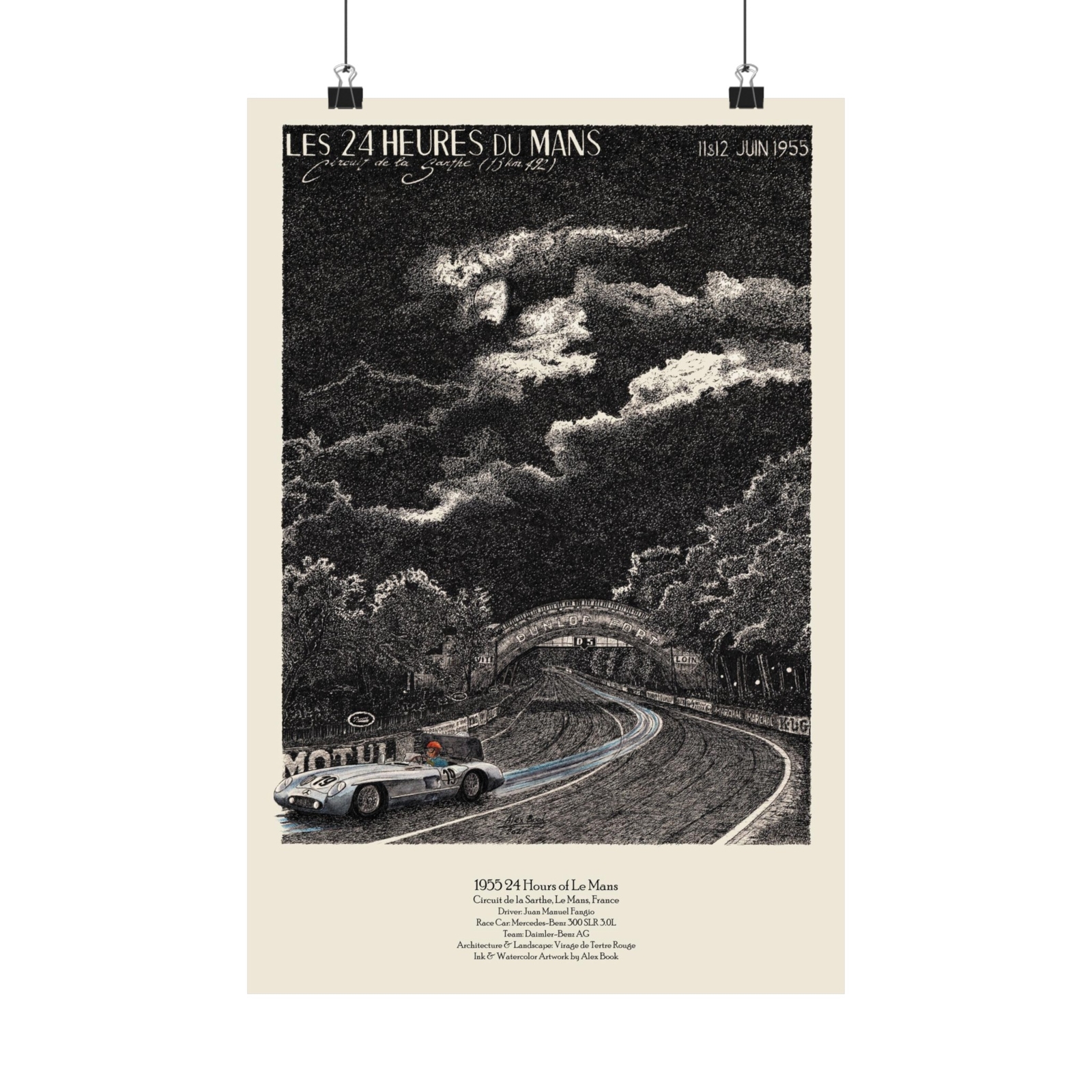 1955 24 H Le Mans Vintage Poster Fangio Mercedes Benz Formula Racing Art Print